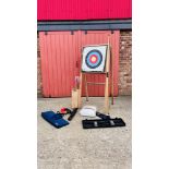 A COLLECTION OF ARCHERY EQUIPMENT TO INCLUDE BICKERSTAFF LONGBOW 50 LB DRAWER PULL,