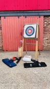 A COLLECTION OF ARCHERY EQUIPMENT TO INCLUDE BICKERSTAFF LONGBOW 50 LB DRAWER PULL,