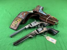 A PAIR OF REPLICA OLD FRONTIER NAVY REVOLVERS COMPLETE WITH WESTERN HOLSTER BELT AND DUMMY ROUNDS -