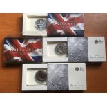 GB COINS: 2010 (2) AND 2011 (2) BRITANNIAS IN ROYAL MINT CASES,