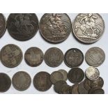 GB COINS: TUB OF VICTORIAN AND EARLIER SILVER, CROWNS WITH 1821, 1822, 1889, 1893, 1900, ETC.
