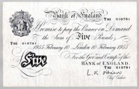 BANKNOTES: 1955 WHITE £5 PREFIX Y92,