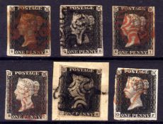 GB: 1840 1d BLACKS, SIX USED EXAMPLES, THREE OR FOUR MARGINS, CANCELLED RED OR BLACK MX,