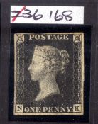 GB: 1840 1d BLACK PLATE 5 NK, UNUSED APPEARANCE AND WITH FOUR MARGINS,