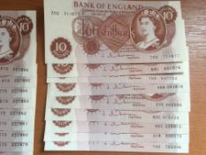 BANKNOTES: ENGLISH NOTES COMPRISING HOLLOM £5(5), PAGE £1(3), O'BRIEN 10/- CONSECUTIVE RUN OF TEN,
