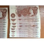 BANKNOTES: ENGLISH NOTES COMPRISING HOLLOM £5(5), PAGE £1(3), O'BRIEN 10/- CONSECUTIVE RUN OF TEN,