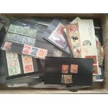 FILE BOX WITH AN ECLECTIC ACCUMULATION OF ALL PERIODS ON STOCKCARDS, LEAVES, IN PACKETS, ETC.