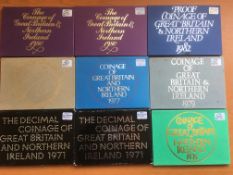 GB COINS: PROOF SETS 1971(2), 1975, 1976, 1977, 1979, 1980(2) AND 1981.