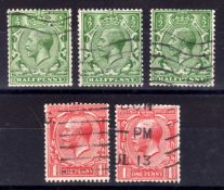 GB: 1913 ROYAL CYPHER (MULTIPLE) ½d (3) AND 1d (2) USED, FEW SLIGHTLY TRIMMED PERFS, SG 397,