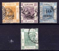 HONG KONG: 1880 5c on 8c, 5c on 18c, 10c ON 12c AND 1900 2c INVERTED WMK ALL USED, SG 23, 24, 25,