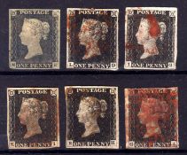 GB: 1840 1d BLACKS, SIX USED EXAMPLES, MAINLY FOUR MARGINS, ALL CANCELLED RED MX, ALL WITH FAULTS,