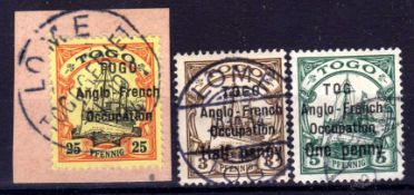 TOGO: 1914 25pf, ½d on 3pf and 1d ON 5pf SHOWING 'TOG' VARIETY, ALL USED, SG H18, H27,