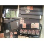 FILE BOX WITH AN ECLECTIC MIX REVENUES, CINDERELLAS, FORGERIES, LOCALS, ETC.