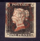 GB: 1840 1d BLACK PLATE 1a NH USED, FOUR MARGINS CANCELLED RED MX,