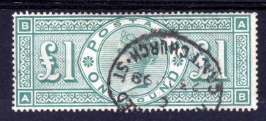 GB: 1891 £1 GREEN USED CANCELLED GRACECHURCH ST. RG.