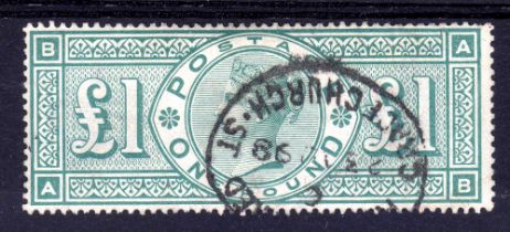 GB: 1891 £1 GREEN USED CANCELLED GRACECHURCH ST. RG.