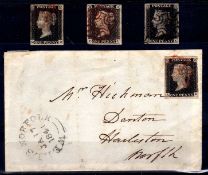 GB: 1840 1d BLACKS, FOUR USED, ONE BEING ON PART FRONT, MAINLY THREE OR FOUR MARGINS,