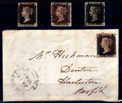 GB: 1840 1d BLACKS, FOUR USED, ONE BEING ON PART FRONT, MAINLY THREE OR FOUR MARGINS,