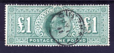 GB: 1902-10 DLR £1 USED CANCELLED GUERNSEY CDS, REPAIRED TEAR CENTRE TOP SG 266.