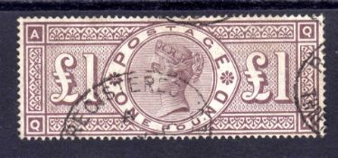 GB: 1884 WMK CROWNS £1 BROWN-LILAC USED CANCELLED PARTS THREE REG.