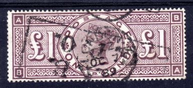 GB: 1888 WMK ORBS £1 BROWN-LILAC USED CANCELLED LONDON CDS AND BOX CANCEL, STRONG COLOUR,