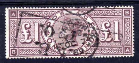 GB: 1888 WMK ORBS £1 BROWN-LILAC USED CANCELLED LONDON CDS AND BOX CANCEL, STRONG COLOUR,
