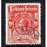 FALKLAND IS: 1912-20 10/- RED ON GREEN USED CANCELLED FORGED CDS,