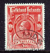 FALKLAND IS: 1912-20 10/- RED ON GREEN USED CANCELLED FORGED CDS,