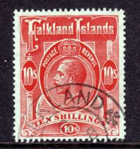 FALKLAND IS: 1912-20 10/- RED ON GREEN USED CANCELLED FORGED CDS,