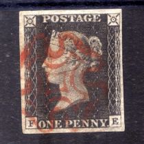 GB: 1840 1d BLACK PLATE 2 FE FINE USED, FOUR MARGINS,