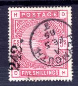 GB: 1883-4 BLUED PAPER 5/- USED CANCELLED PLYMOUTH CDS AND UNUSUAL '242'.