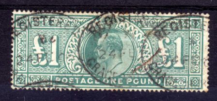 GB: 1902-10 DLR £1 SOUND USED CANCELLED. 3 X REG OVALS, A FEW TONED PERFS. SG 266.