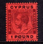 CYPRUS: 1924-8 £1 PURPLE AND BLACK ON RED CDS USED,