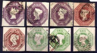 GB: 1847-54 EMBOSSED 6d (3), 10d (2) AND 1/- (3), ALL USED CUT SQUARE, A FEW FAULTS,