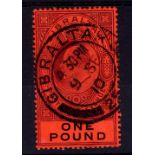 GIBRALTAR: 1904-08 £1 PURPLE AND BLACK ON RED CDS USED,