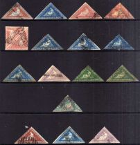 CAPE OF GOOD HOPE: 1853-64 TRIANGULARS USED SELECTION INCLUDING 1855-63 1/- DEEP DARK GREEN (2),