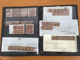 GB: 1841 1d IMPERFS USED MULTIPLES, SOME ON PIECES OR FRONTS, IRREGULAR BLOCKS OF 9 & 8,