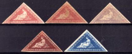 CAPE OF GOOD HOPE: 1855-64 TRIANGULARS 1d (3), 4d AND 6d APPARENTLY UNUSED,