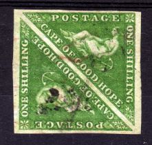 CAPE OF GOOD HOPE: 1855-63 1/- BRIGHT YELLOW GREEN USED PAIR, FULL MARGINS,