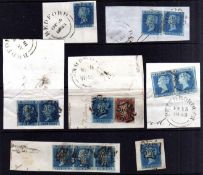 GB: 1841 2d WHITE LINE IMPERFS USED, ALL ON PIECES CANCELLED MX, PAIRS AND A STRIP OF 3,