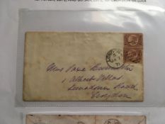 GB: 1840-78 ALBUM WITH UNE ENGRAVED COVERS, MULREADY 1d ENVELOPE AND WRAPPER (BOTH POOR),