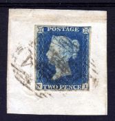 GB: 1840 2d BLUE PLATE 1 NI, 4 MARGINS TIED TO PIECE BY INDISTINCT 1844 TYPE NUMERAL.