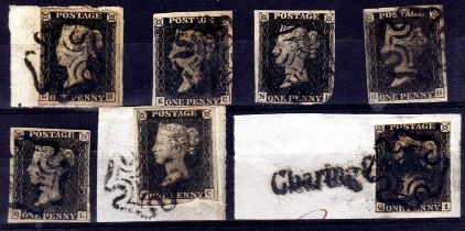 GB: 1840 1d BLACKS (7), ALL CANCELLED BLACK MX, THREE ON PIECES, VARIABLE MARGINS,