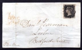 GB: 1841 FEB 22 DATED FRONT ONLY BEARING 1d BLACK PLATE 6 JL, FOUR MARGINS TIED BY BLACK MX.