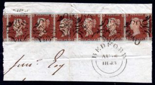 GB: 1843 DATED PIECE BEARING STRIP OF SIX 1d IMPERFS TIED BY No.