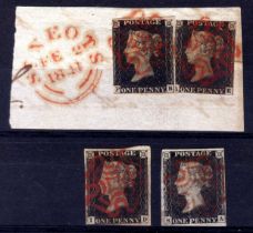 GB: 1840 1d BLACKS (4), ALL CANCELLED RED MX INCLUDING TWO ON PIECE, VARIABLE MARGINS,