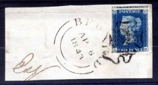 GB: 1840 2d BLUE PLATE 2 JH, 4 MARGINS TIED TO 1843 PIECE BY BLACK MX,