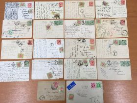 AUSTRALIA: 1905-53 POSTCARDS, COVER AND PIECE ALL INCOMING FROM UK INCURRING POSTAGE DUES,