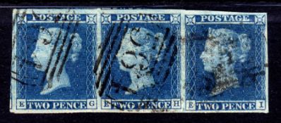 GB: 1841 2d WHITE LINE EG-EI STRIP OF 3, MARGINS ALL ROUND CANCELLED 564 NUMERAL OF NEWPORT PAGNELL.