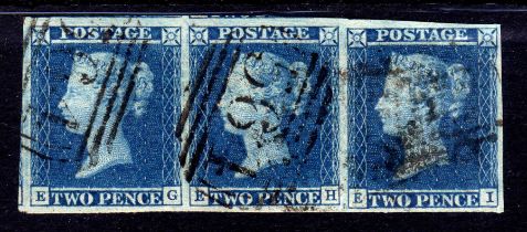 GB: 1841 2d WHITE LINE EG-EI STRIP OF 3, MARGINS ALL ROUND CANCELLED 564 NUMERAL OF NEWPORT PAGNELL.